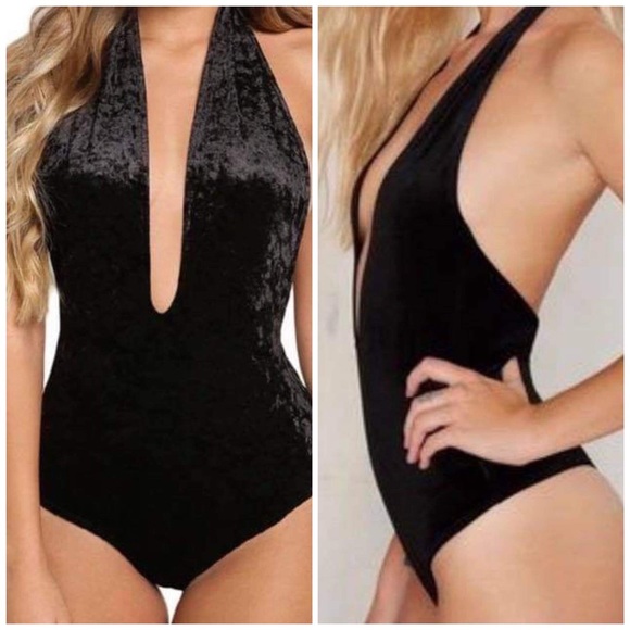 Nasty Gal Tops - Nasty Gal black velvet  bodysuit thong plunge L